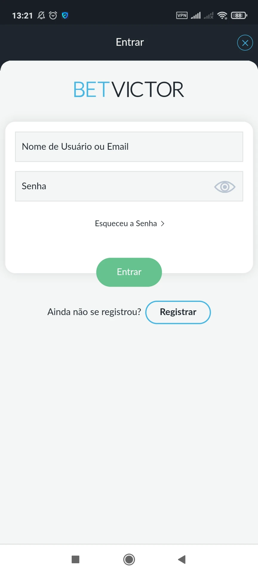 Faça login em sua conta pessoal no Betvictor para Android.